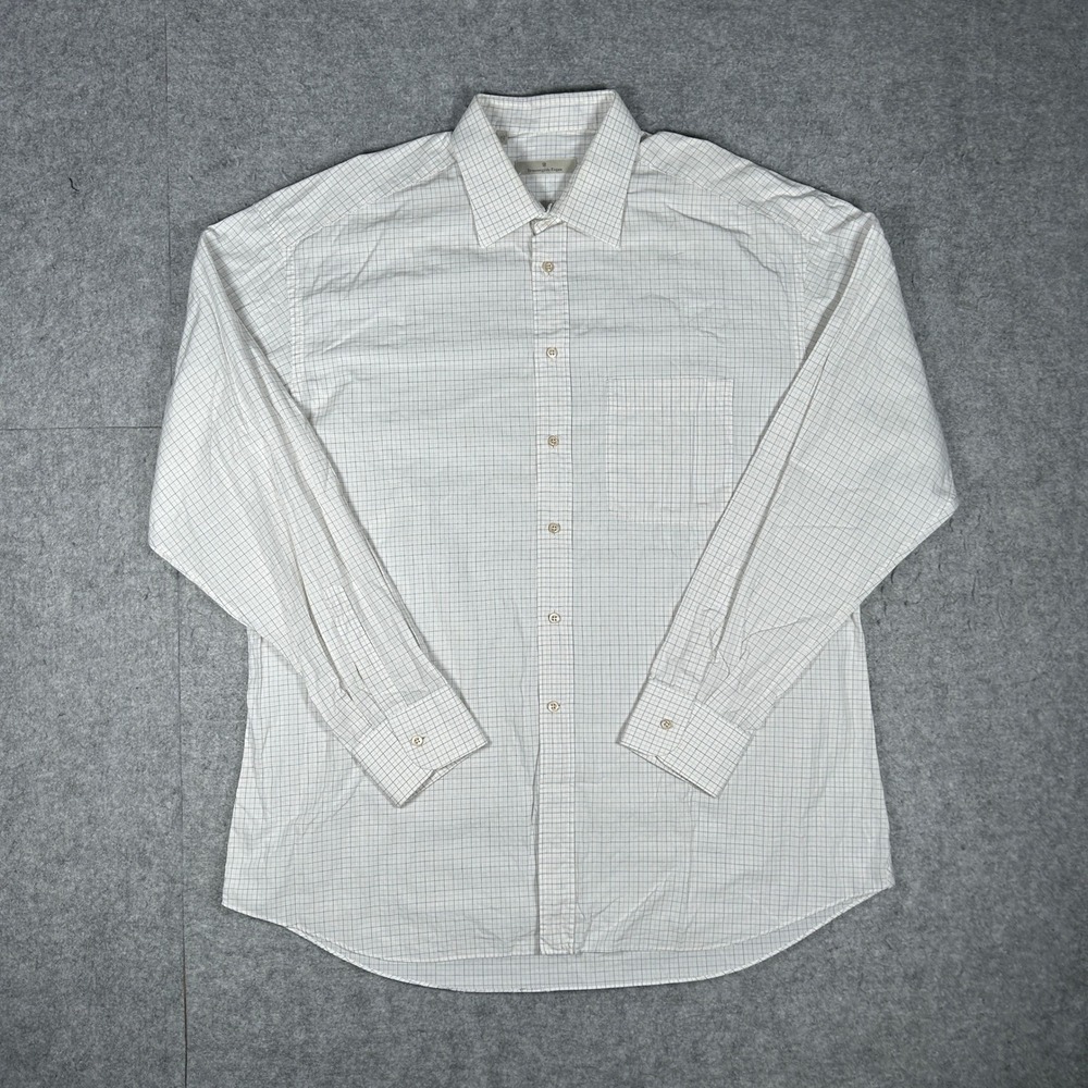 Ermenegildo Zegna Shirt Mens 17 White Grid Cotton Long Sleeve Button Up Luxury